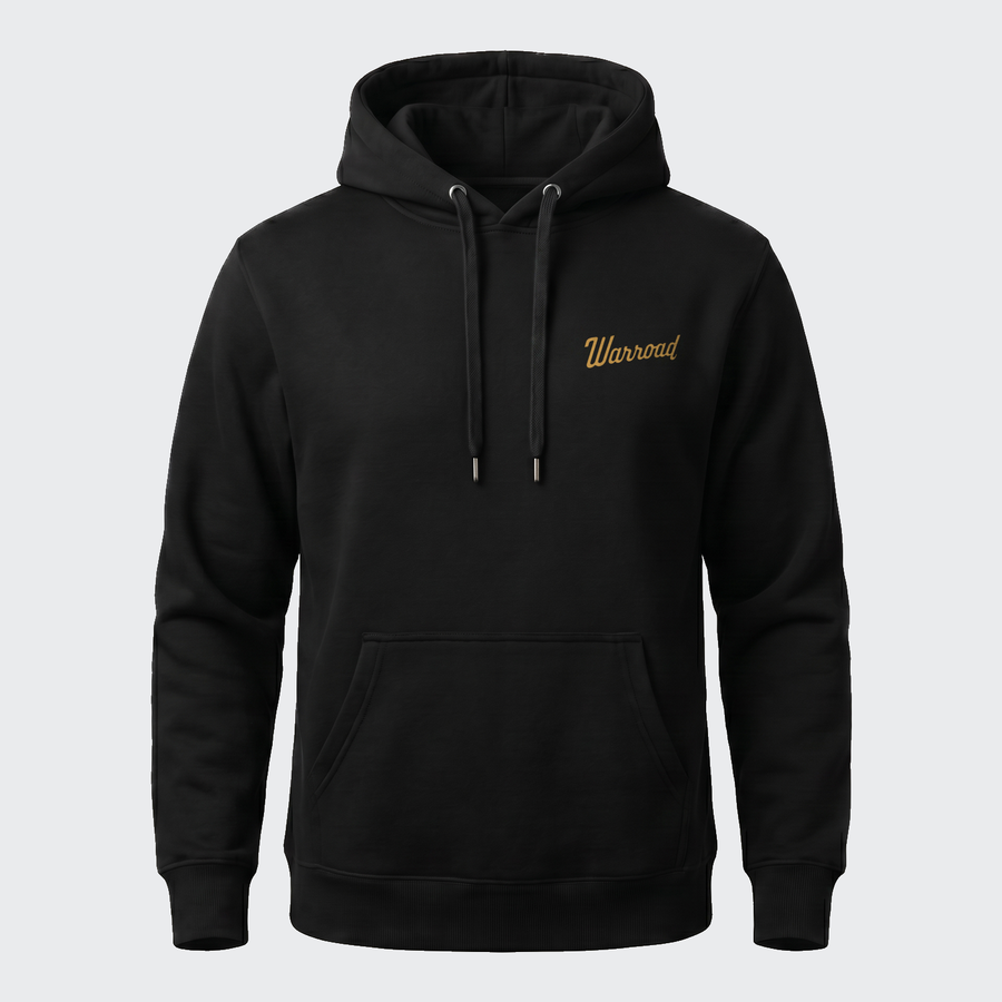 Front: premium heavyweight black Warroad hoodie, front view, with gold cursive "Warroad" across the chest. - image 2