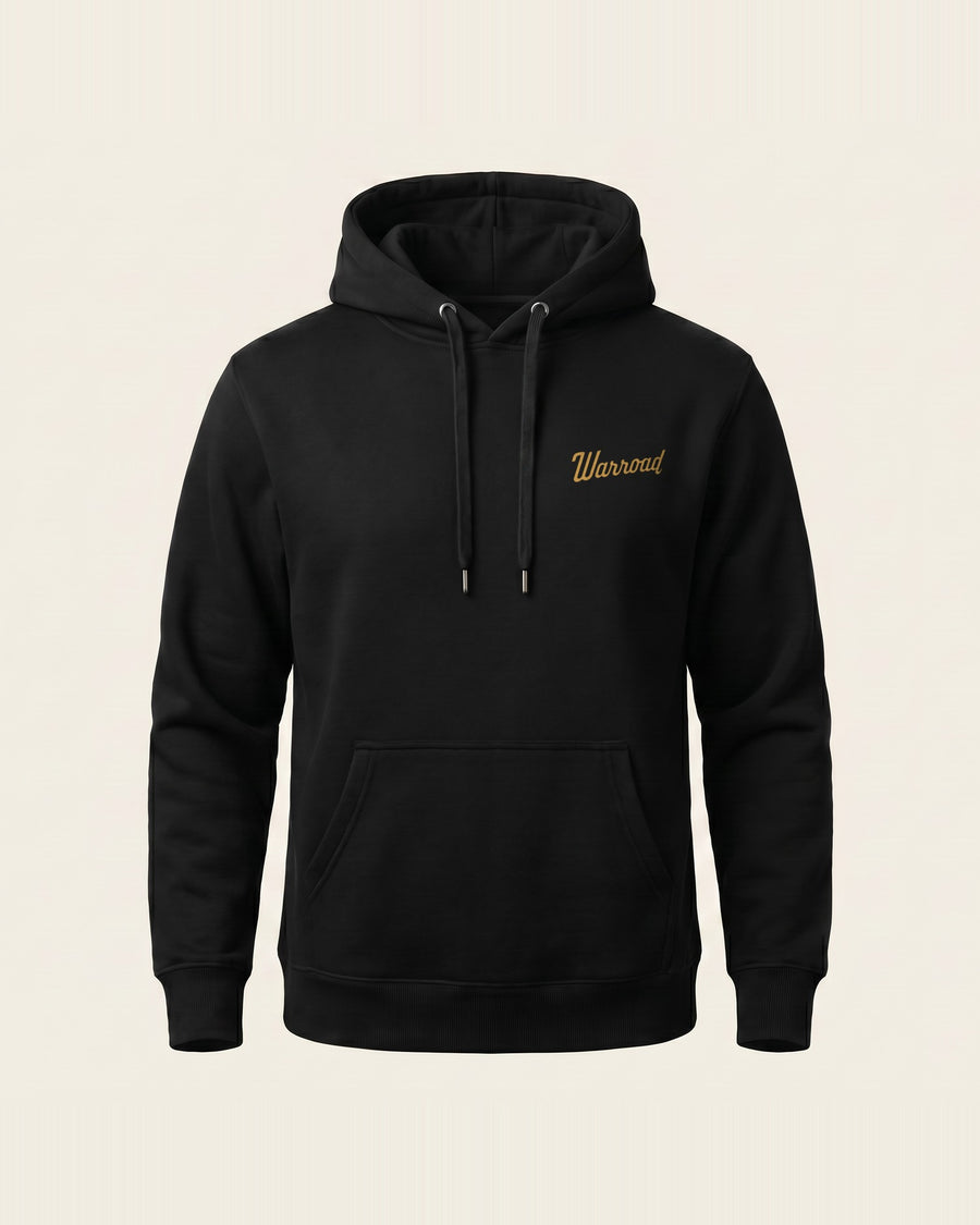 Front: Premium heavyweight black Warroad hoodie, front view, with gold cursive "Warroad" across the chest. - image 2