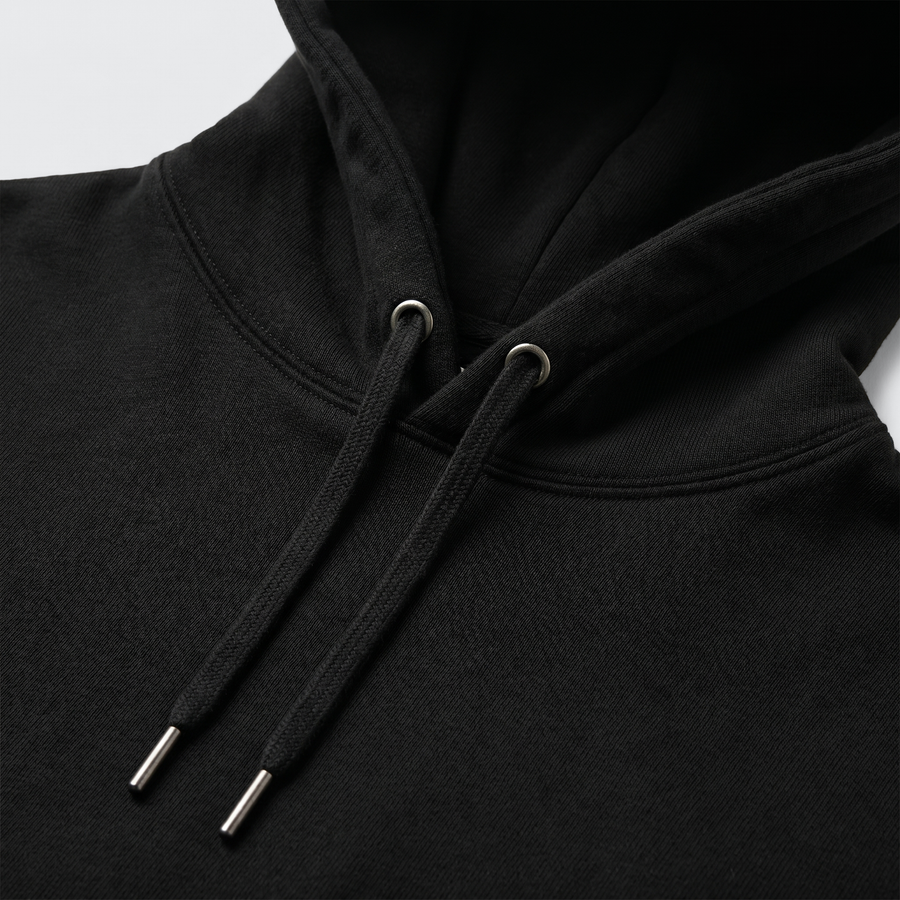 Hood close-up: detail of the heavyweight black hood and drawcords on the Seeking Victory Gold Edition hoodie. - image 4
