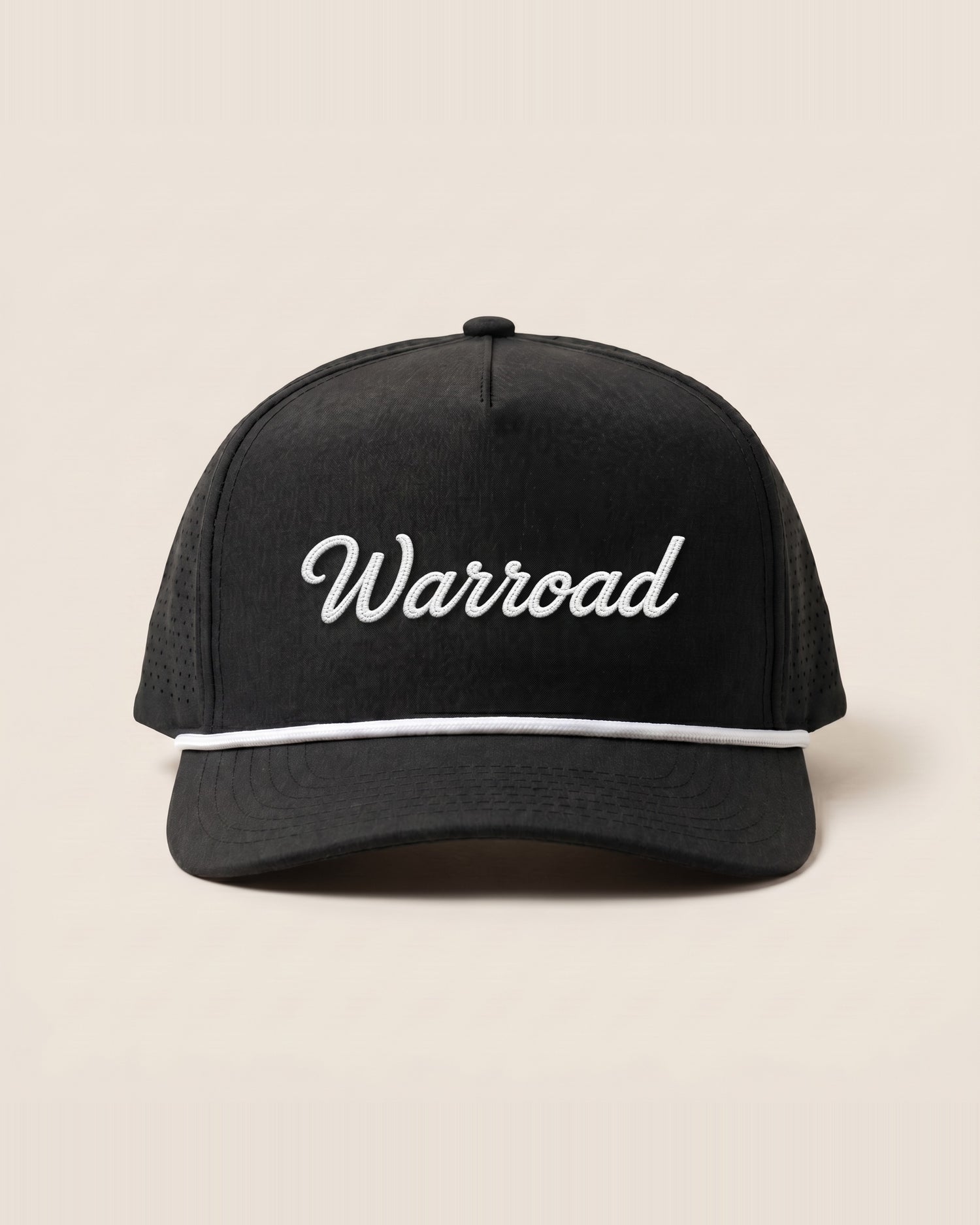 Front: Black Warroad Rope Hat, front view, with white embroidered Warroad cursive and white rope detail across the brim.