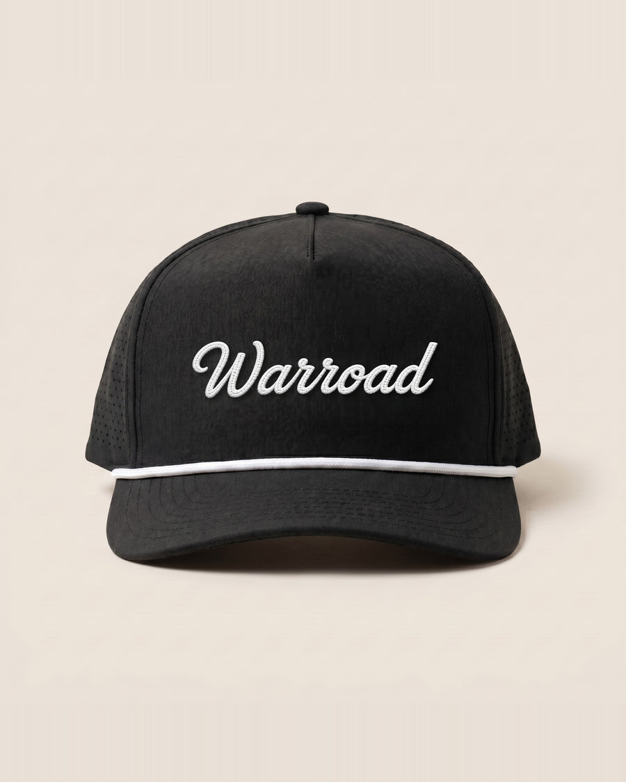 Front: Black Warroad Rope Hat, front view, with white embroidered Warroad cursive and white rope detail across the brim. - image 1