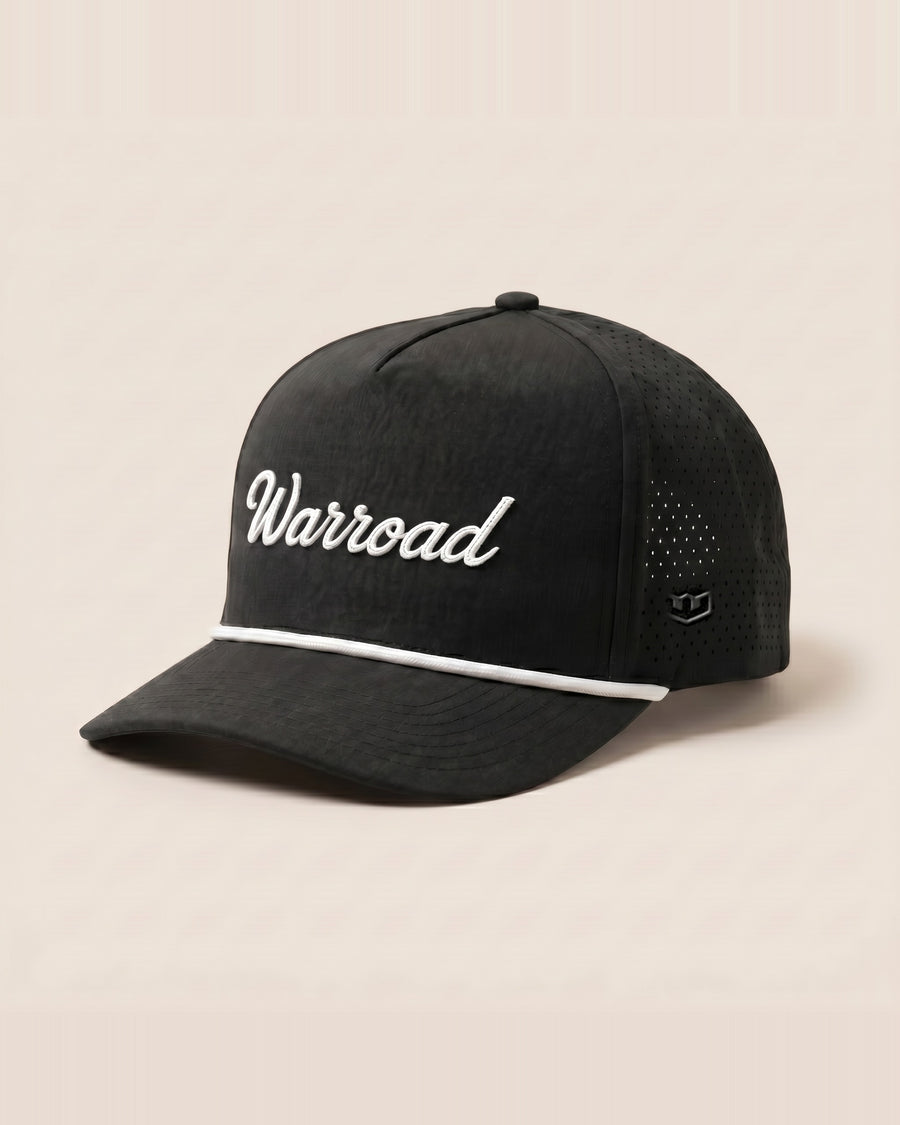 3/4 side: Three-quarter angle of the black Warroad Rope Hat showing the tonal Warroad W on the side panel. - image 3