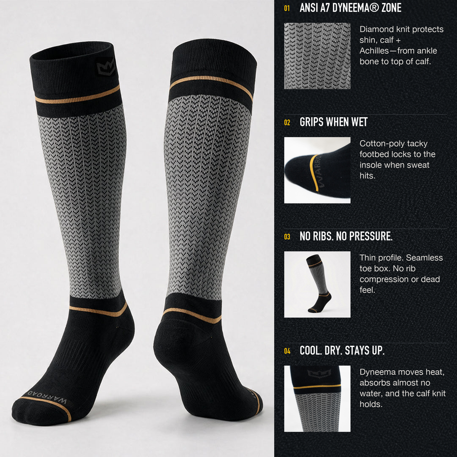 Flying Eagle Cut-Resistant Sock technology details: ANSI A7 Dyneema zone, tacky footbed, rib-free seamless construction, and cool dry calf hold - image 9