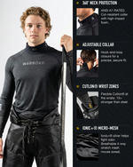 Men's black TILO Neck and Wrist Top technology details: neck protection, adjustable collar, Cutlon wrist zones, and Ionic+ micro-mesh