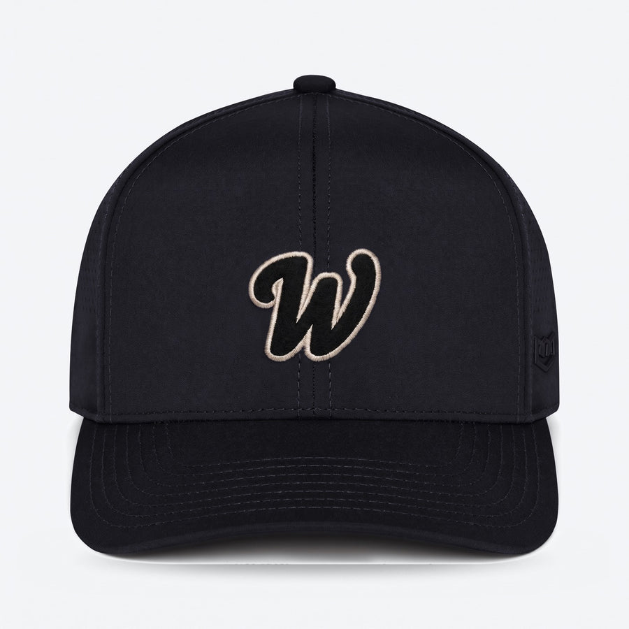 Warroad W Series Hat in black, front view with the cream outlined W - image 1
