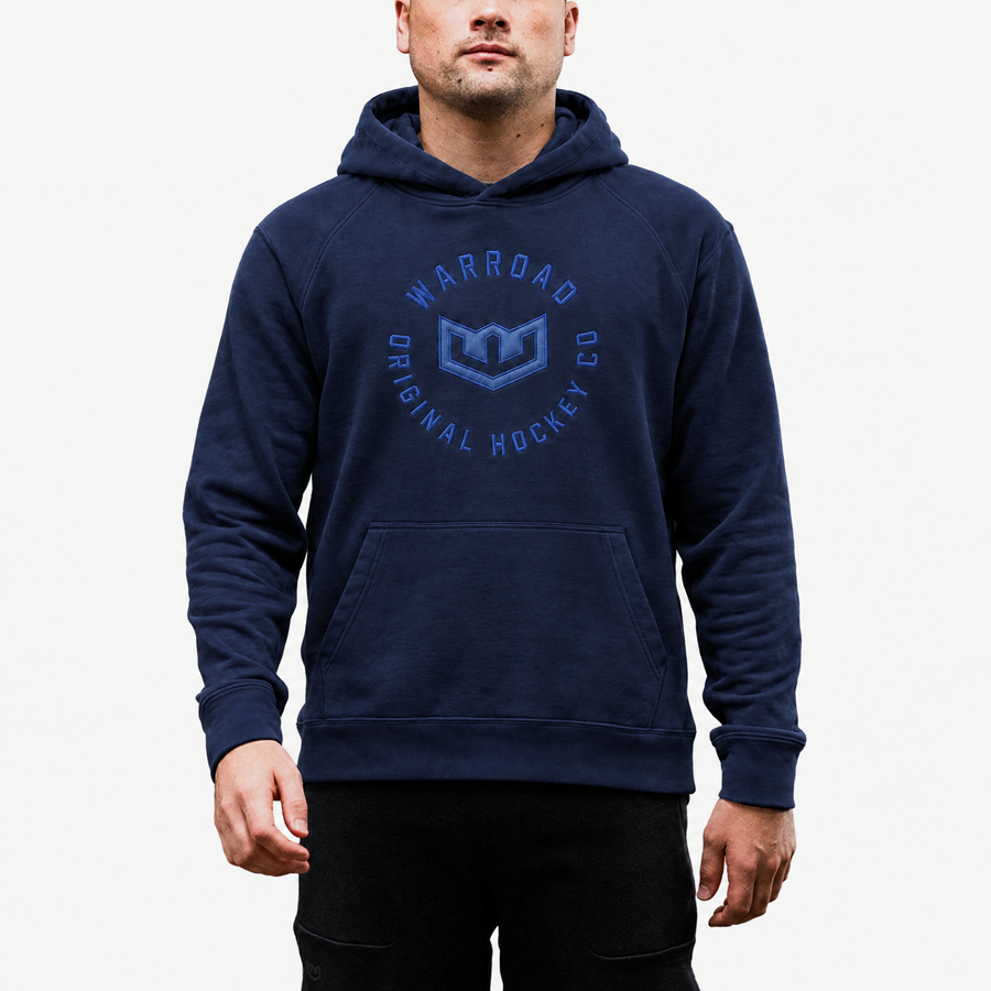 Crest Pullover Hoodie in Royal Navy worn, front view - image 3