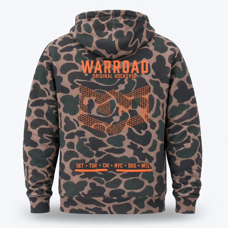 Original 6 Pullover Hoodie Midweight in Duck Camo, back with Original 6 cities graphic - image 2