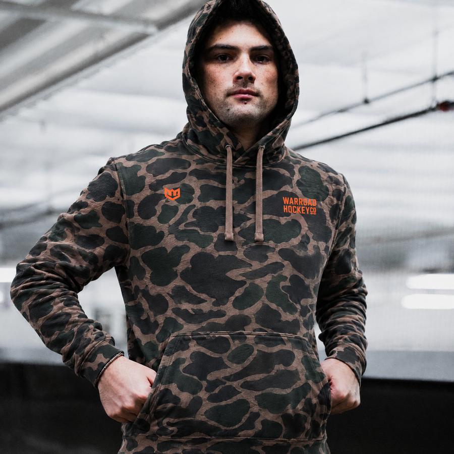 Original 6 Pullover Hoodie Midweight in Duck Camo worn with hood up - image 5