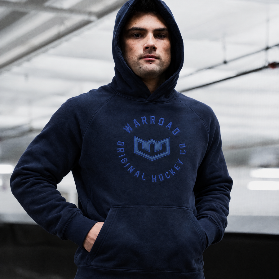 Crest Pullover Hoodie in Royal Navy worn with hood up - image 5